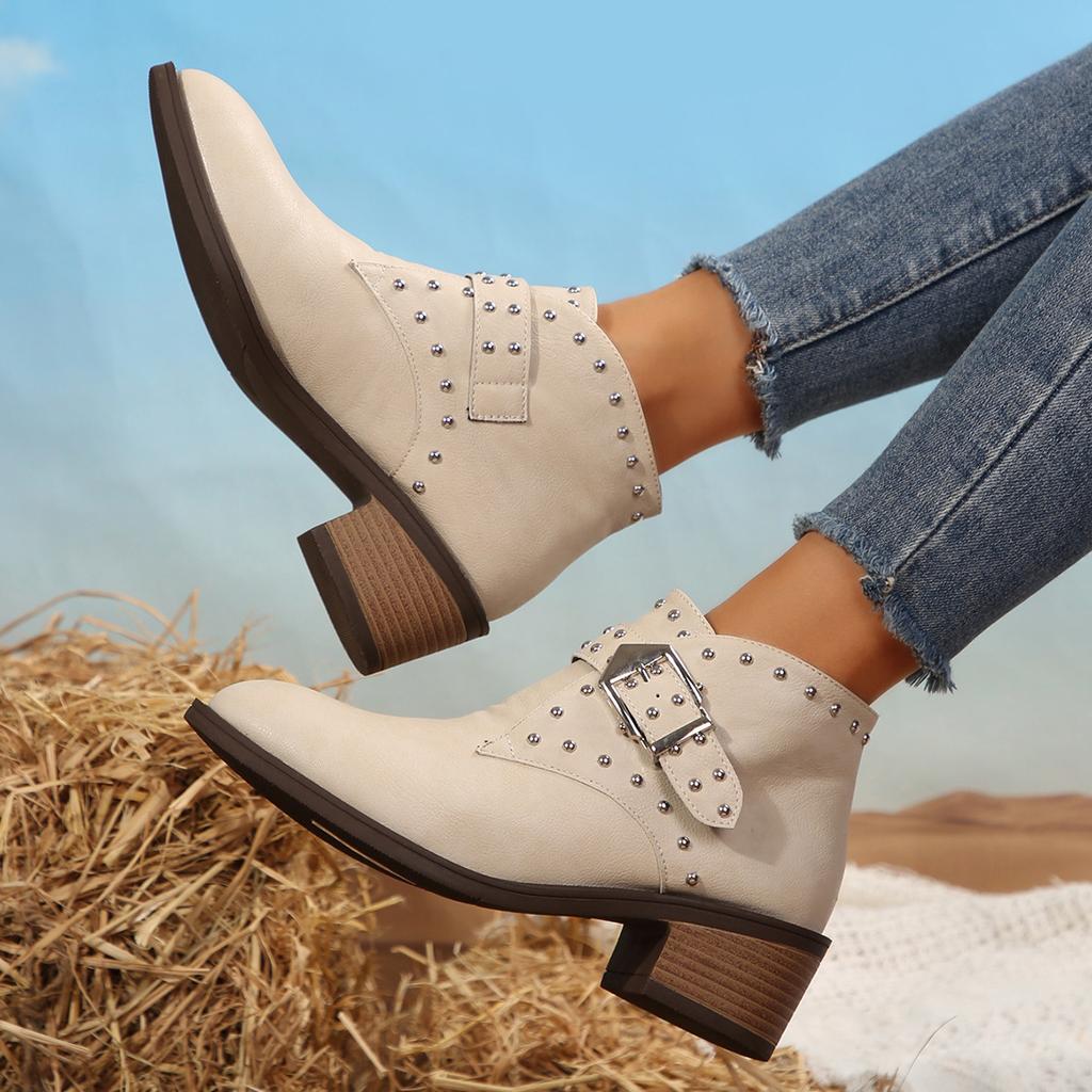 Women Ankle Boots 2025 New Low Heel Casual Pointed Toe Short Boots Designer with Rivet Comfortable Shoes Zapatillas De Mujer