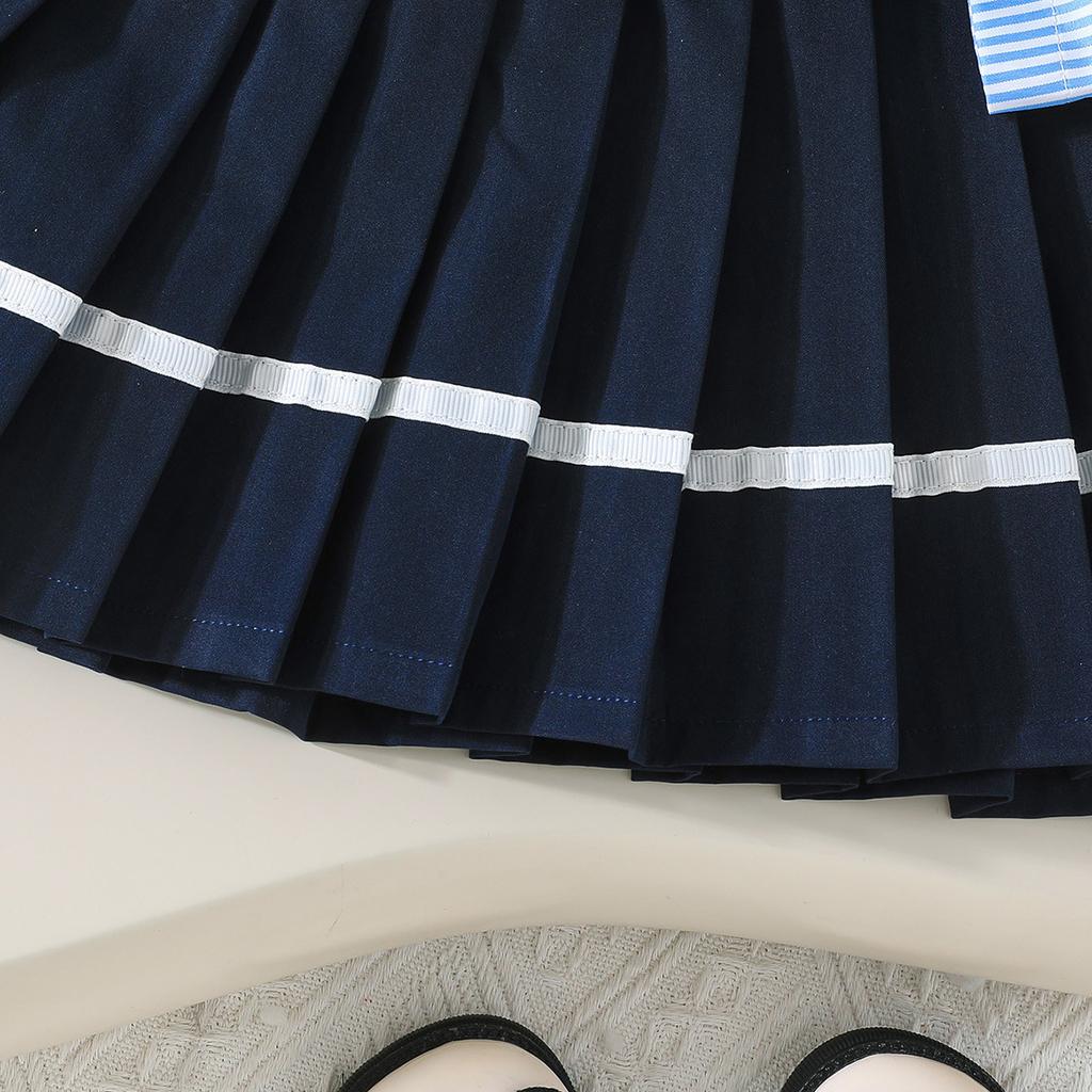 Mädchenmode-Set: Sommer Preppy-Style Gestreiftes Oberteil + Faltenrock Zweiteiliges Set