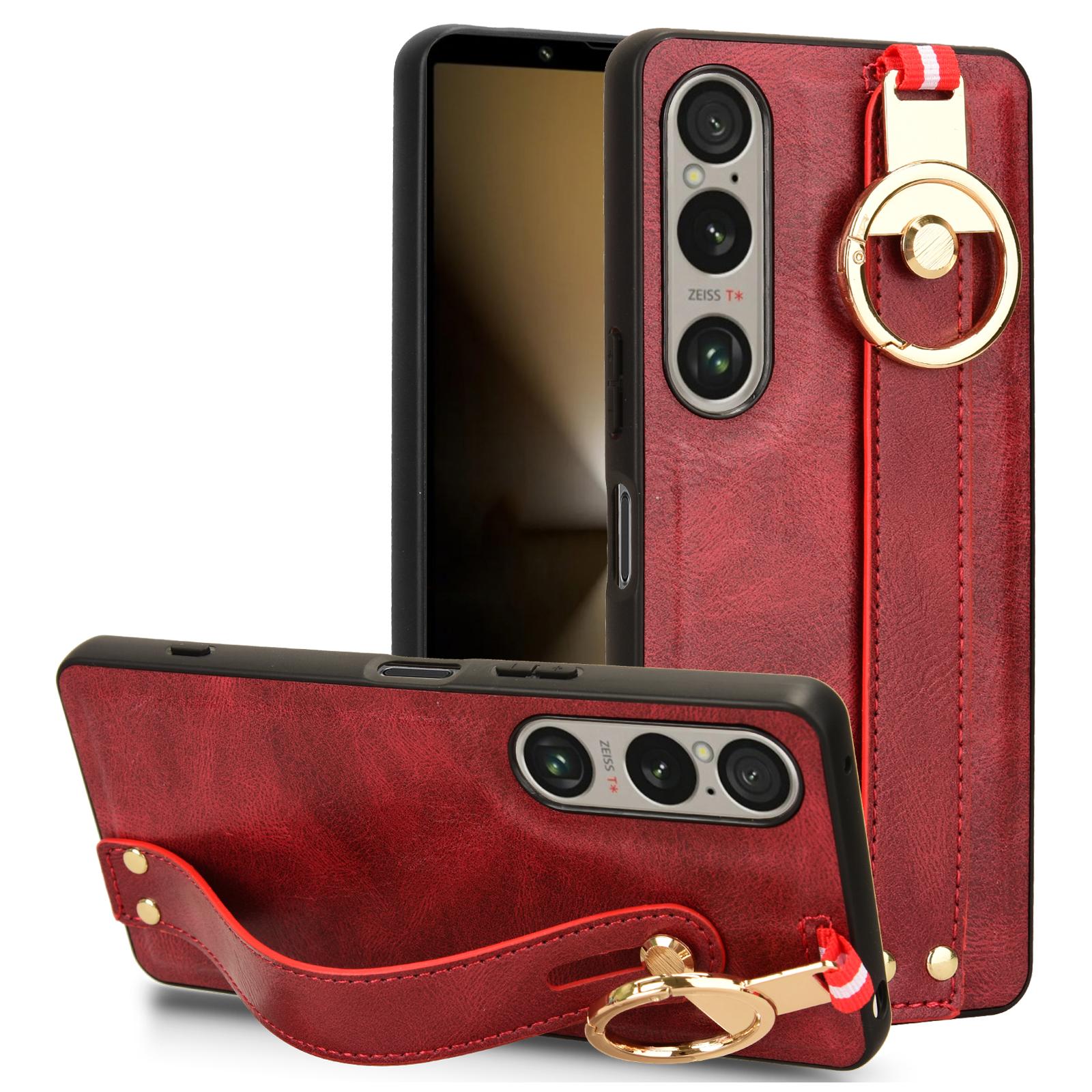 

For Sony Xperia 1 VI Case Wristband Finger Loop Leather Coated PC+TPU Phone Cover Red