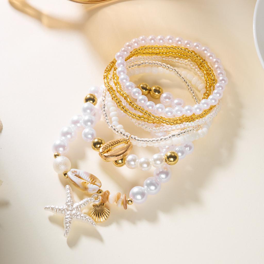 Classic Metal Starfish Shell Multilayer Bracelets Set for Women Handmade Rice Beaded Stackable Bracelets Vacation Jewelry Gift