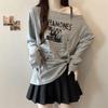 American Plus Size One-Shoulder Letter Print Long Sleeve Women's T-shirt - 2025 Autumn, New Loose Slimming Trendy Top