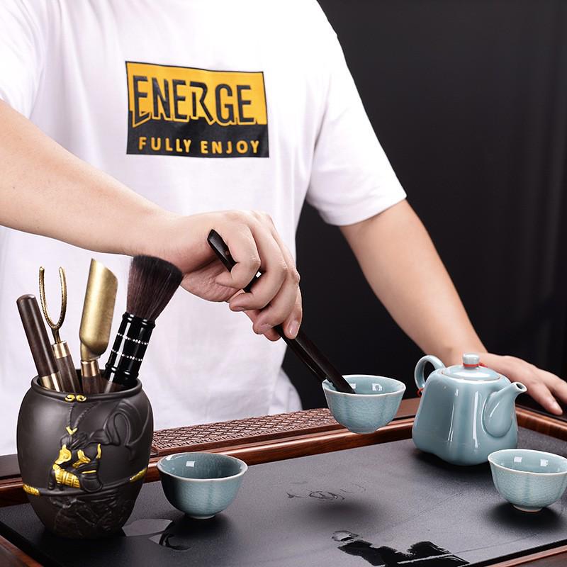 Ebony Wood Tea Ceremony Set: 5-Piece Brewing Kit with Tea Needle, Clip, Knife, Spoon, Cup Pin, and Brush.