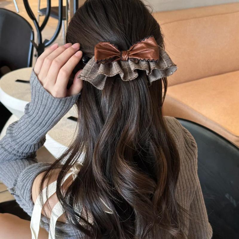 Vintage Plaid Bow Hair Claw Clips Women'S Trendy Hair Accessories Leather Bow Ruffle Design Grid Pattern Banana Clip Headdress