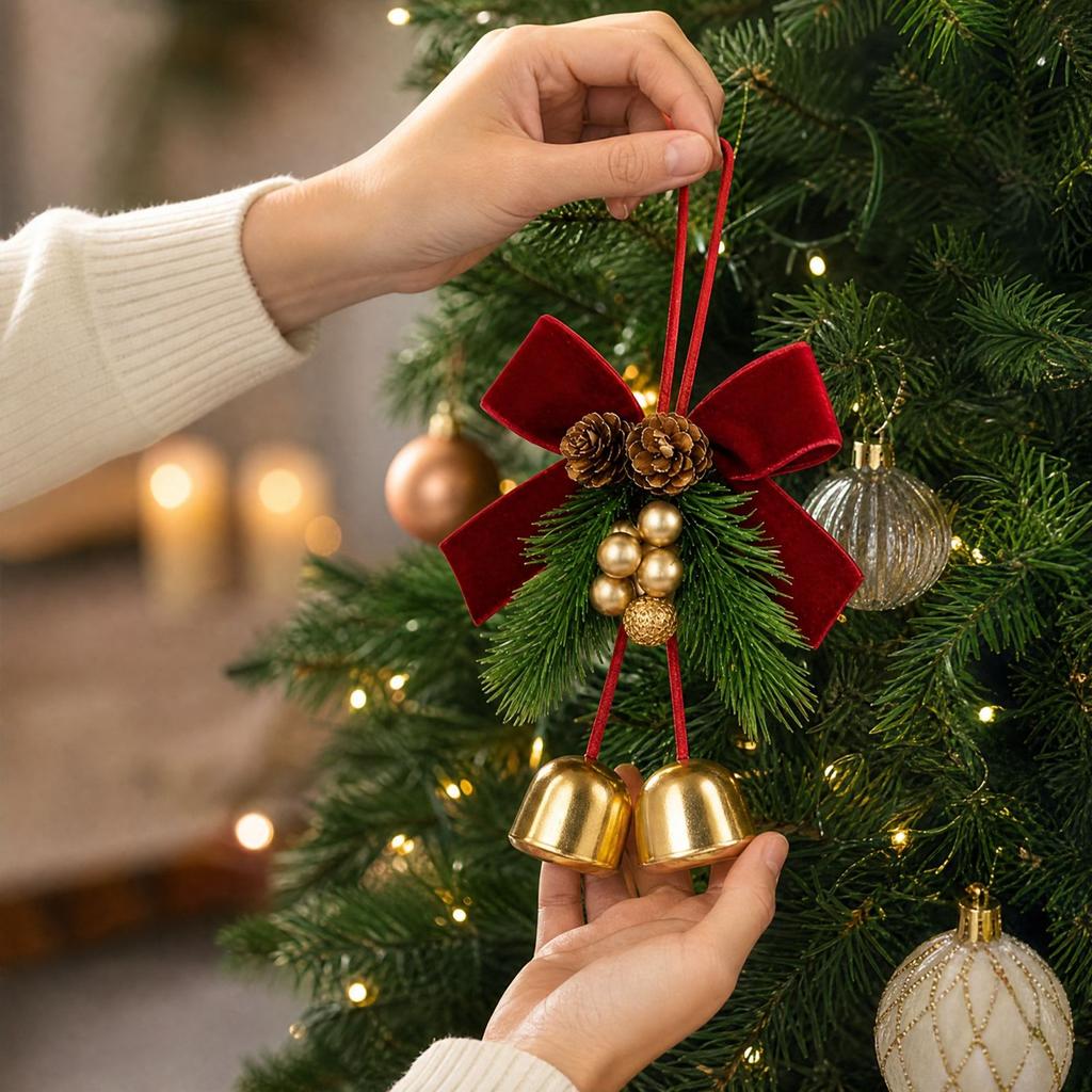 Christmas Hanging Ornaments with Bells, Velvet Bows and Pinecones for Holiday Tree Decoration