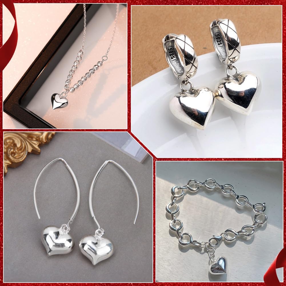 Beebeecraft 1 Box 925 Sterling Silver Charms Puffed Heart Charms 3D Love Dangle Pendants with Jump Rings for Jewellery Making Necklaces Bracelets DIY