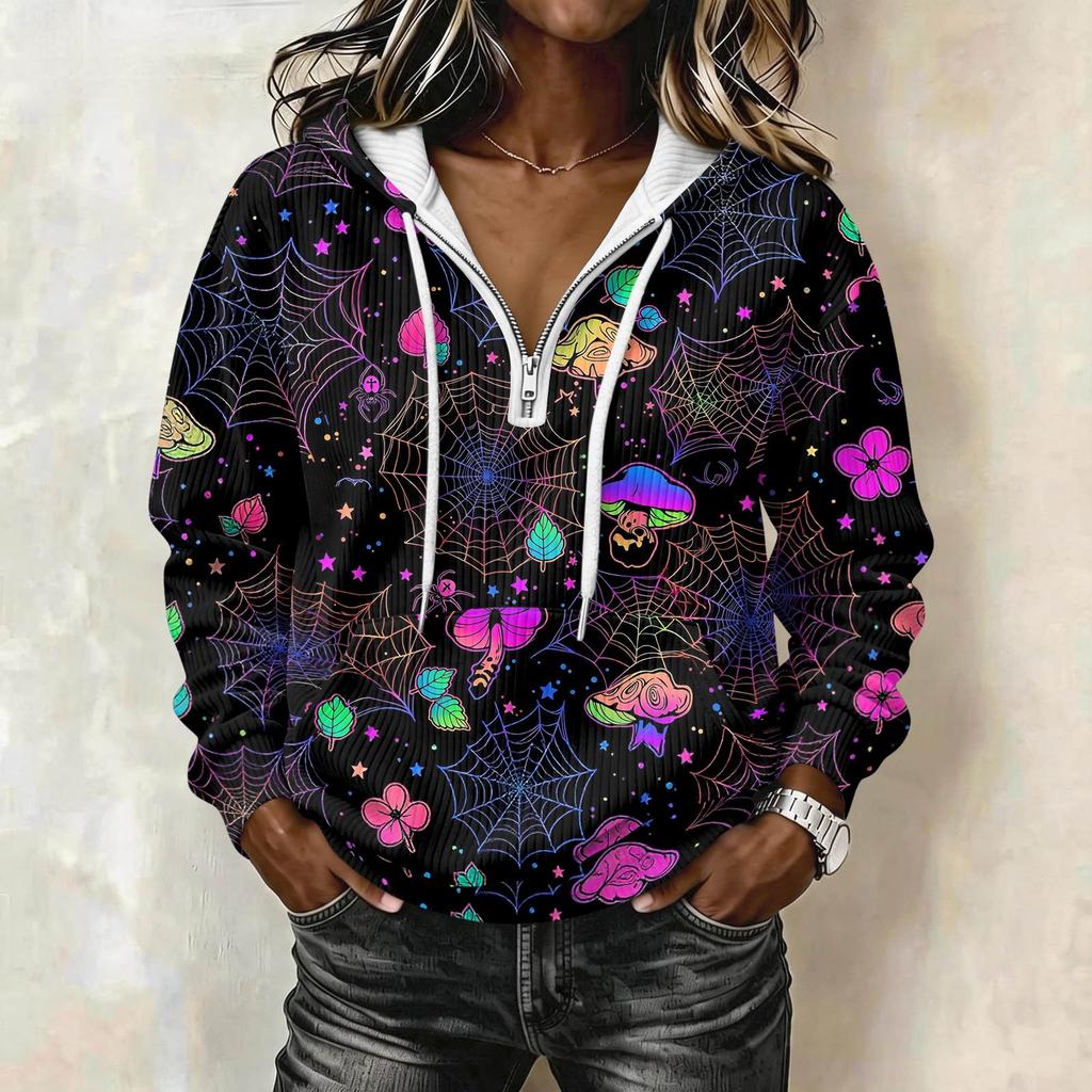 Women's Long Sleeve Halloween Print Pullover Hoodie with Drawstring Hood