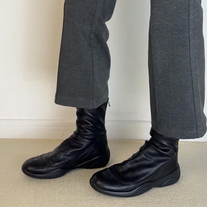 Cowhide Version~ Leather Round Head Thick Sole Retro Black Short Boots Women's Autumn and Winter Down Boots Elastic Thin Boots Martin Boots