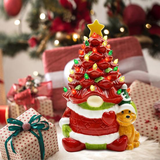 Yousheng 10 Inch Lighted Christmas Gnome Tree Resin Reindeer/Santa Dog Gnome Tree with LED Light for Home Office Fireplace Mantel Tabletop Decor