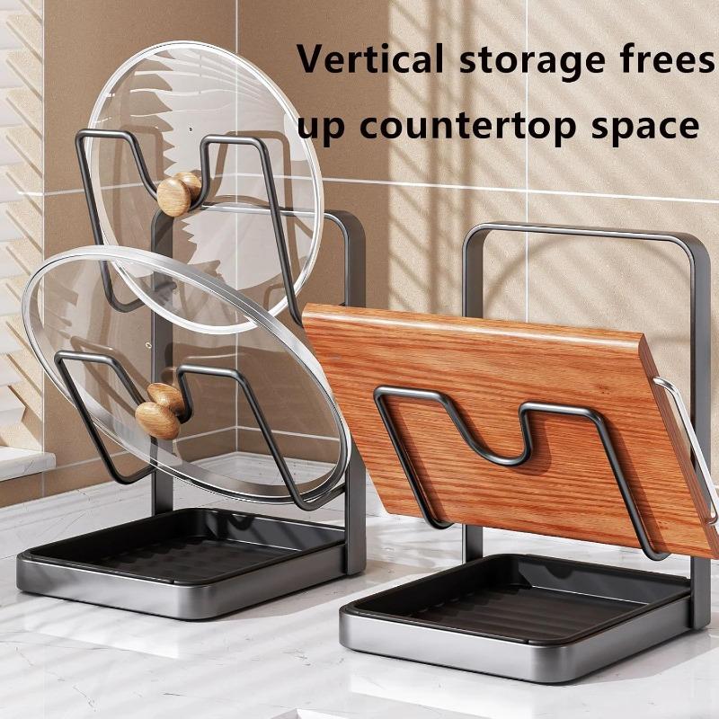 04 Stainless Steel Pot Lid Organizer - 2-Tier Adjustable Rack with Removable Drip Tray, Saves Counter Space While Cooking