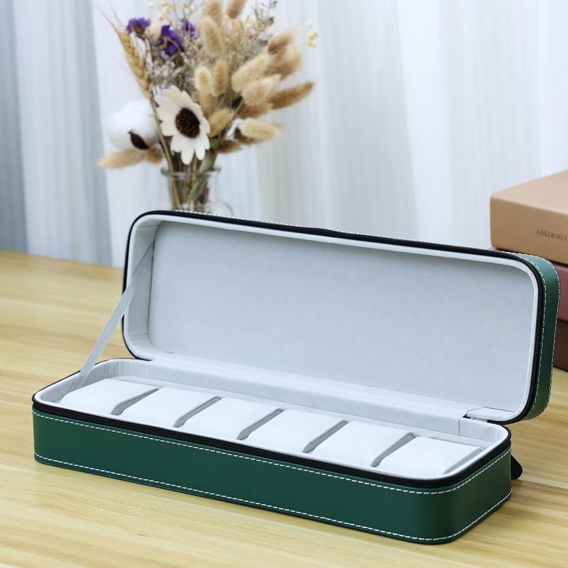 Green PU Zippered Watch Box with Dustproof Display
