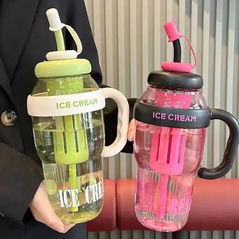 Large Capacity Plastic Water Bottle with Straw Cute Belly Tea Mug Drinking Cup Portable Kettle for Travel, School & Home Office