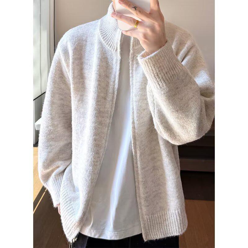 

Men s Retro Stand Collar Knit Cardigan - Solid Color Double Zipper Sweater for Autumn/Winter XXL бежевий