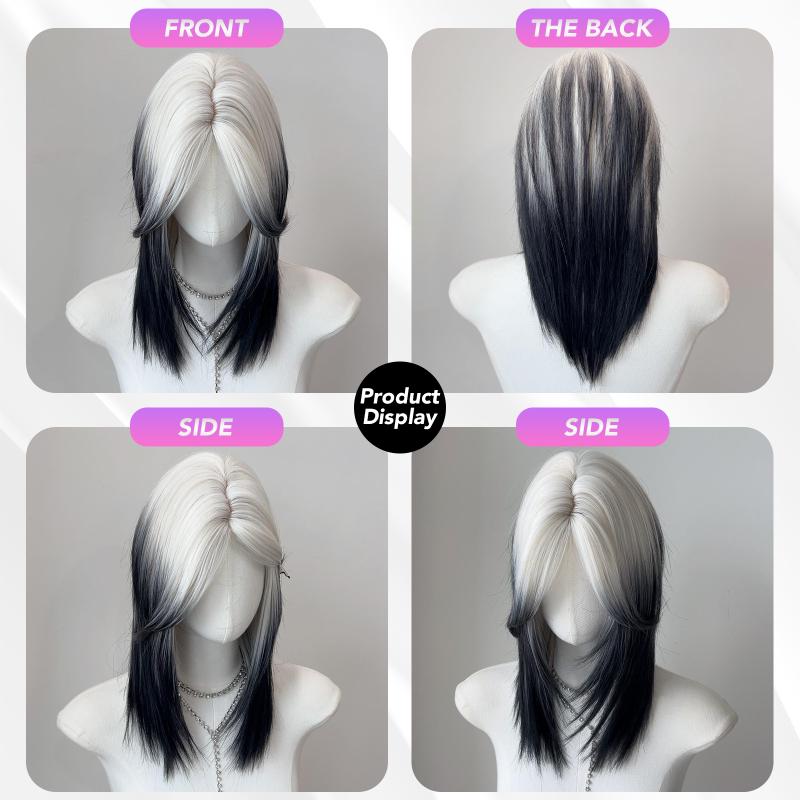 18 Inch Black And White Mullet Head Wig  Synthetic Straight Fluffy Natural Wolf Tail Hair for Daily Use Party Cosplay Korean Fashion