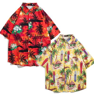 Hawaiian Mehrfarbiges Herren Sommer Freizeithemd Kurzarm Strandhemd Blumen Revers Urlaubshemden