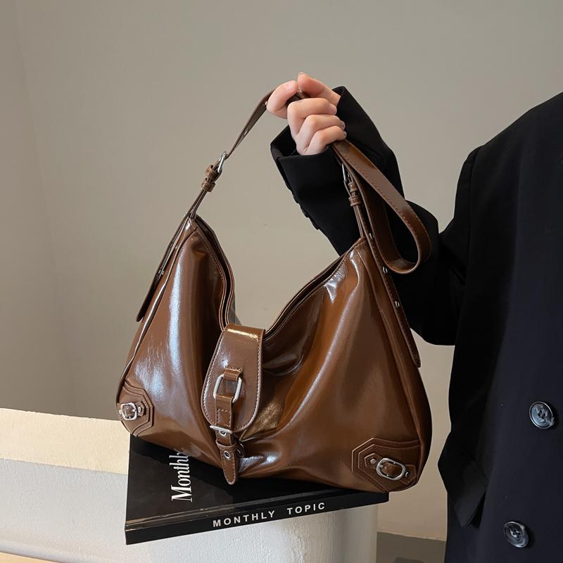 

Ретро сумки через плечо для женщин глянцевая мягкая искусственная кожа ремень пряжка дизайн сумка через плечо хобо дизайнерские сумки класса люкс 38x26x11cm кофейный