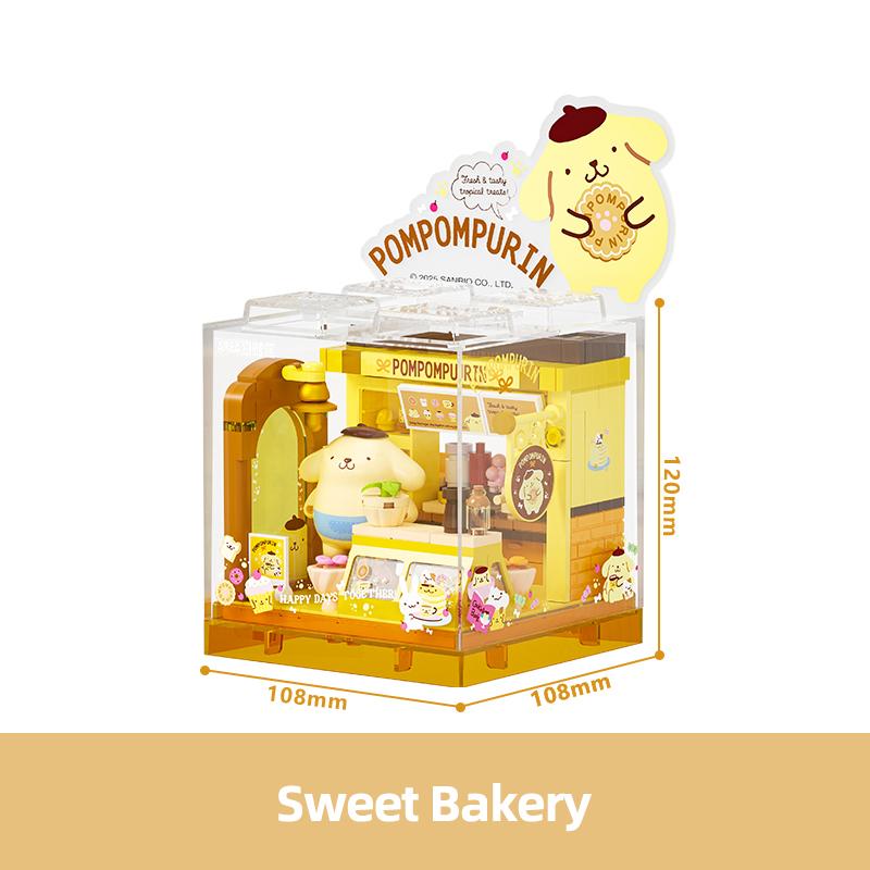 Sanrio Building Blocks Hellokitty Kuromi Bakery Dessert House Ocean Restaurant Shop Model Brick Desktop Display Adult Collection