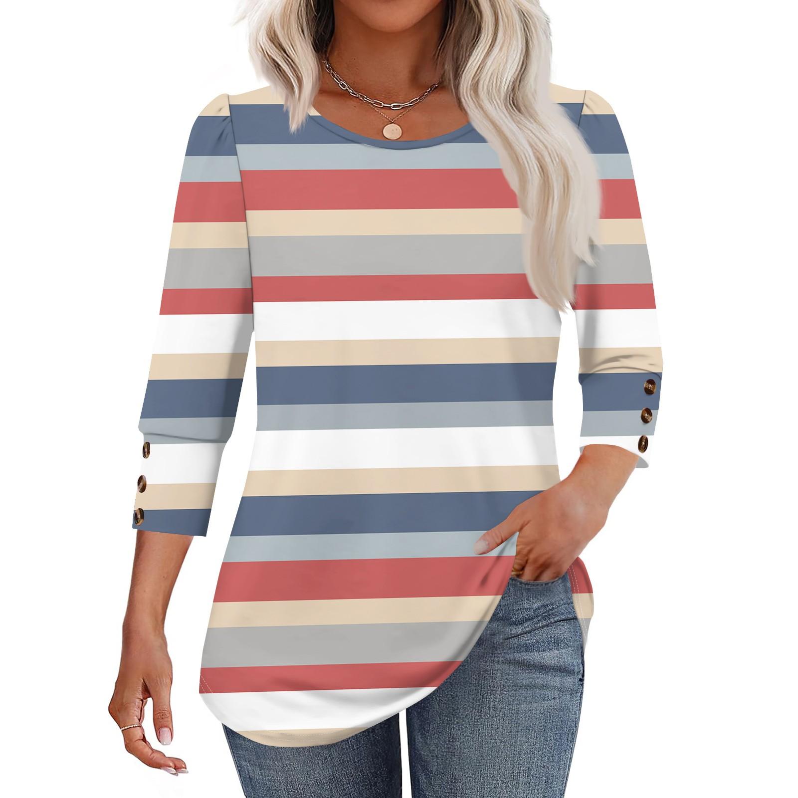 

Women s Fashion Casual Striped Print T-shirt Top With Round Neck And Seven Cuff Sleeves XL арбуз красный