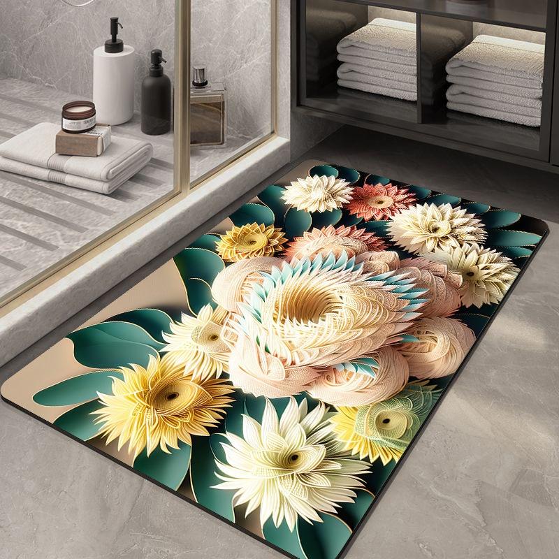Nordic Classic Flowers Print Bath Mat Bathroom Non-slip Shower Foot Mats Absorbent Quick Dry Toilet Rugs Carpet Doormat Washable