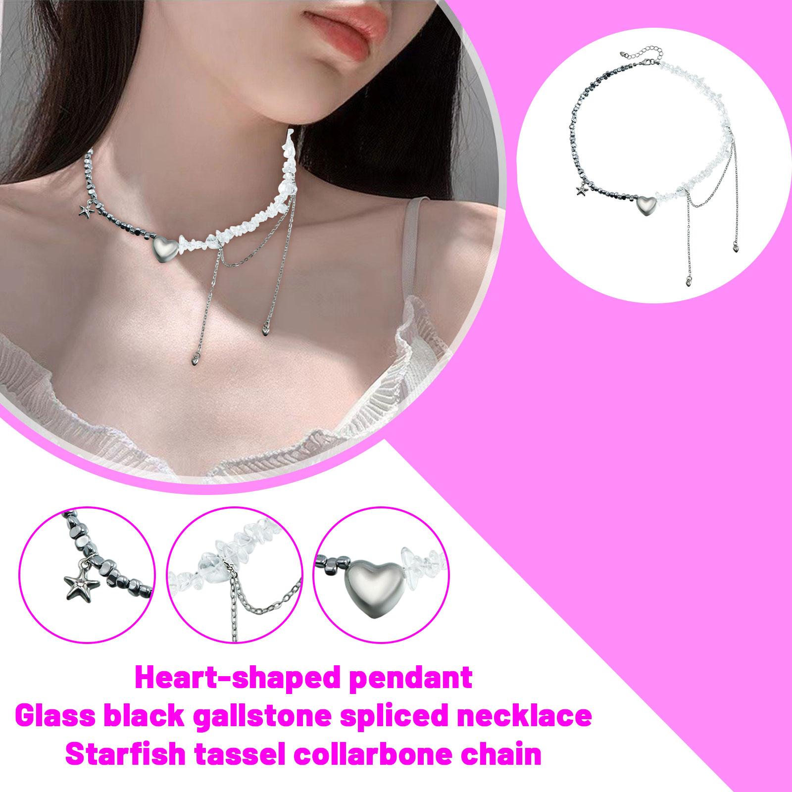 

Women s Heart Pendant Tassel Collarbone Chain Glass Black Necklace One Size