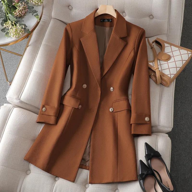 Women Turn Down Collar Blazers Fashion Solid Casual Double Breasted Coats Office Ladies Long Sleeve Jacket