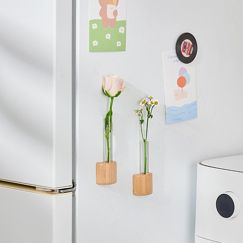 Originalita Mini Magnetická Váza Roztomilý Styl Masivní Dřevo Skleněná Zkumavka Váza Aranžování Květin Magnet na Lednici Dekor Květinové Vázy