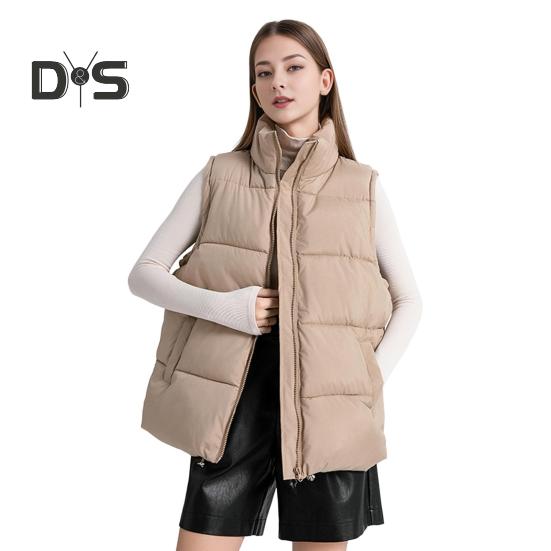 Women Winter Waistcoat Stand Collar Thick Sleeveless Padded Outerwear with Pockets Zipper Closure Mid Length Outdoor Coat