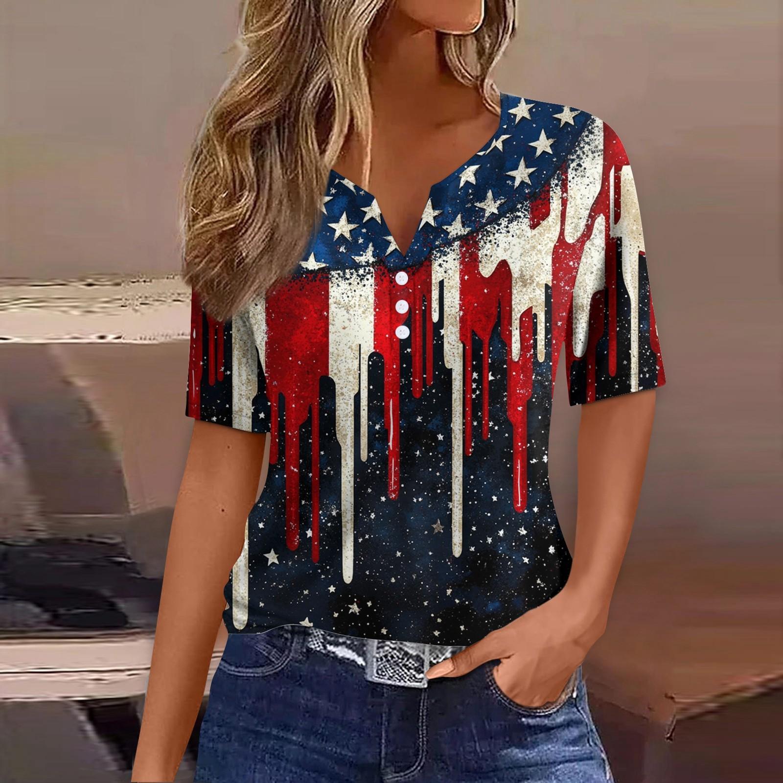 

Women s T Shirt Print Button Short Sleeve Daily Weekend Fashion Basic V- Neck Regular Top L червоний