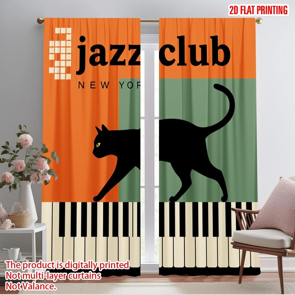 

2pcs 2D flat printing Window Curtains Black Cat Jazz NYC 100% Polyester Fabric Without Electricity Seasonal Party & Holiday 52.50×116.00 CM 2pcs