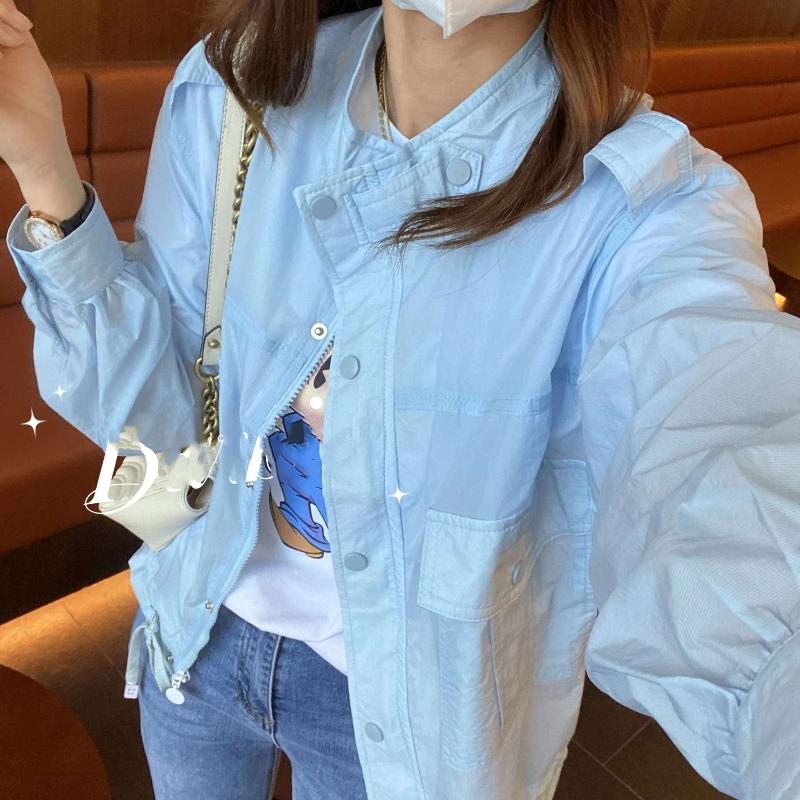 

Женская куртка больших размеров с коротким стоячим воротником, повседневная куртка большого размера на пуговицах, дышащая повседневная рубашка с защитой от солнца XS