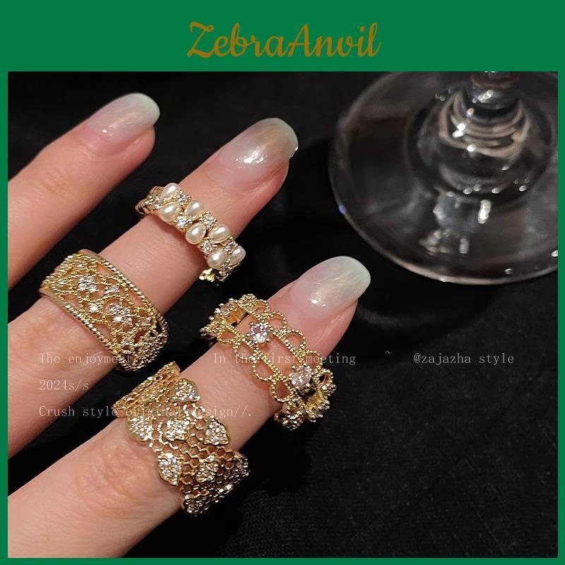 Elegant Korean Style Adjustable Openwork Lace Ring With Geometric Design And Pearls