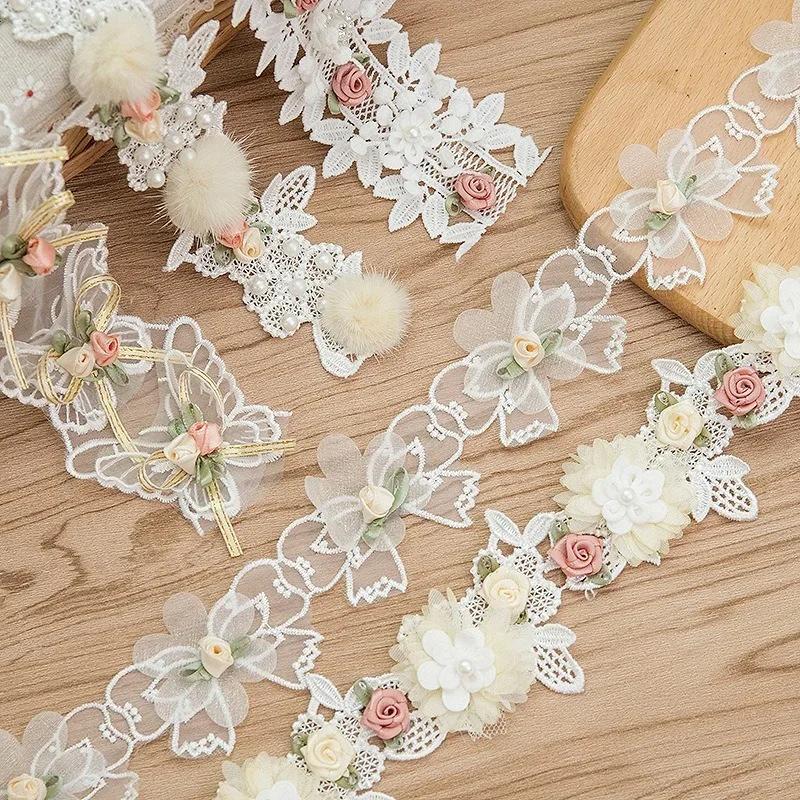 White Organza Three-dimensional Bow, Vanilla Lace Embroidered Trim For Hanfu Accessories, Children's Clothing Accessories