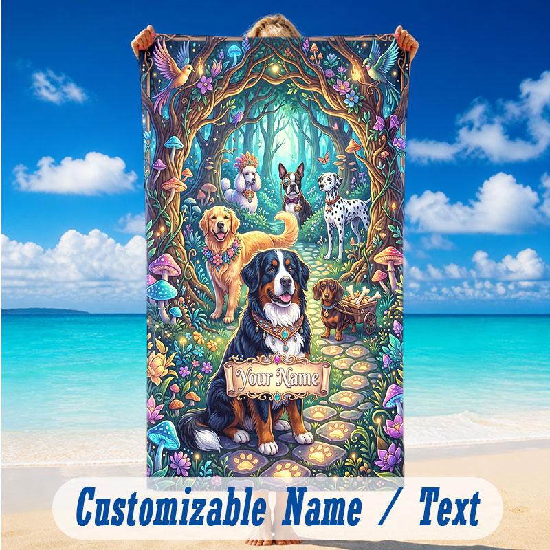 Dog Theme Beach Towel Personalized Custom Name & Text Soft Quick Dry Beach Towel for Swimming Travel