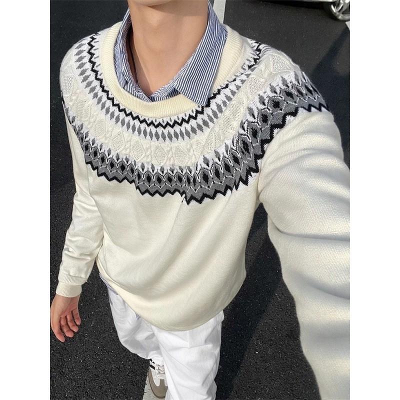 Unisex Retro Fair Isle Knit Sweater Crew Neck Loose Fit Daily Wear Winter Pullover