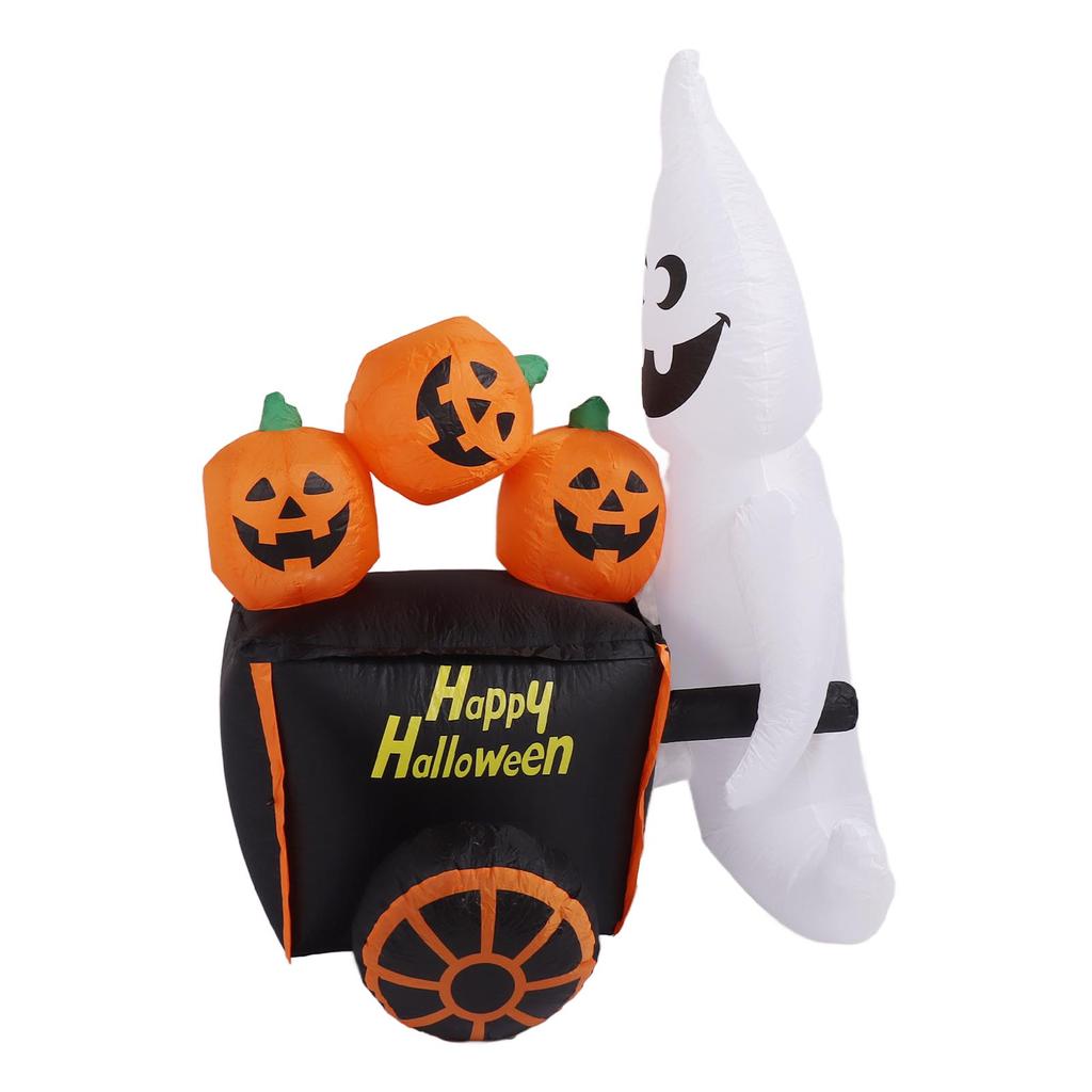 6ft Halloween Inflatable Ghost Pushing Pumpkin Cart Decor IP44 with Blower LED Lights Outdoor