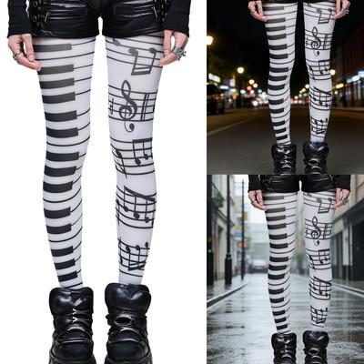 Collant Calze con Fantasia Note Musicali per Donna Estetiche Eleganti Asimmetrici Opachi Collant Grunge Leggings Piano