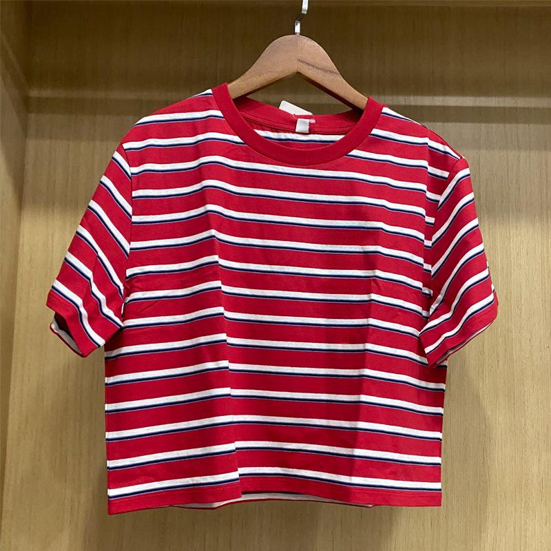 

Женская полосатая мини-футболка с круглым вырезом в стиле Y2K - Короткий рукав, Свободный крой, Весна/Лето Medium красный