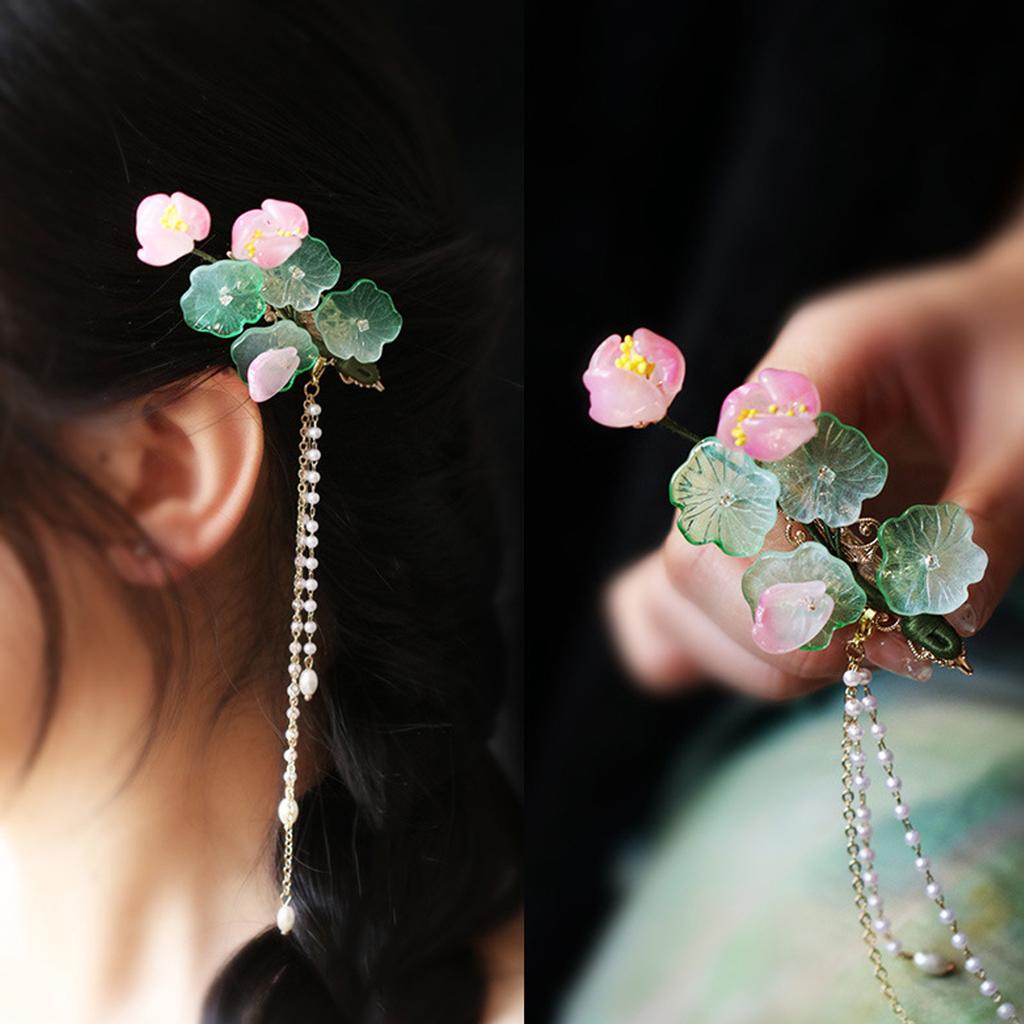 Lotus Hair Clip for Women Alloy Floral Hairpin with Imitation Pearl and Tassel, Traditional Chinese Style for Hanfu Cheongsam Wedding