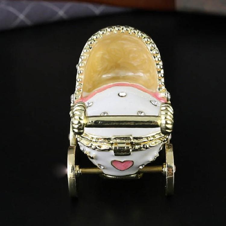 Enamel Coated Rhinestones Studded Metal Jewelry Box Baby Carriage Storage Container for Jewelry Organization