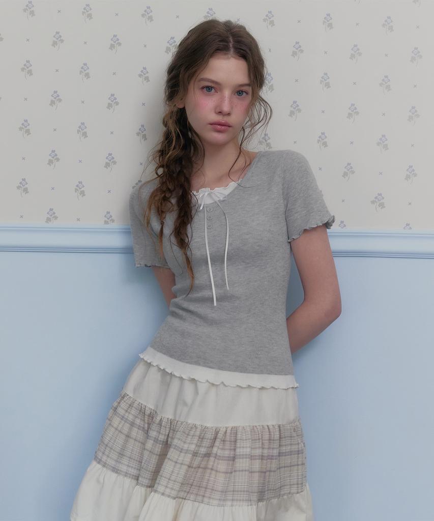 Teuwi Bet Ribbon Color Block Layered Short Sleeve Knit