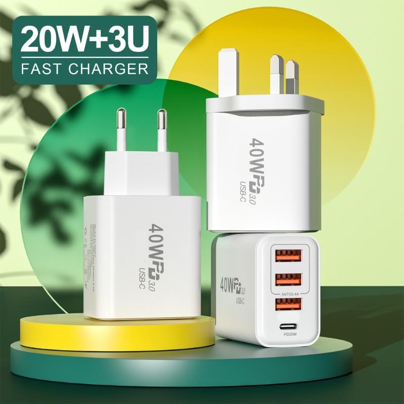 4 Συσκευές Γρήγορη 3 Θύρες USB A 1 Θύρα USB C Έξοδος 40W για Τηλέφωνα Tablets Laptops