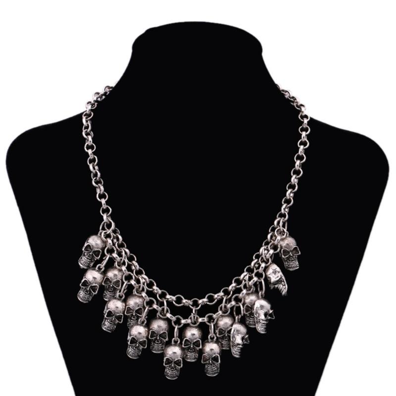 Punk Halloween Skull Necklace Statement Chain Jewelry with Front Drape and Alloy Finish for Concert and Party Outfits Daily