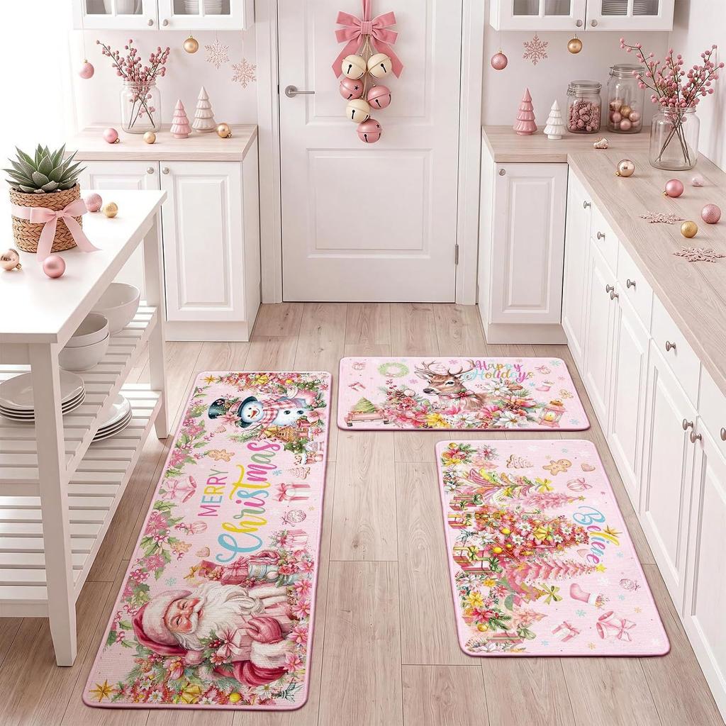 3Pcs Christmas Kitchen Mat Non Slip Washable Crystal Velvet Floor Rugs Holiday Home Decoration