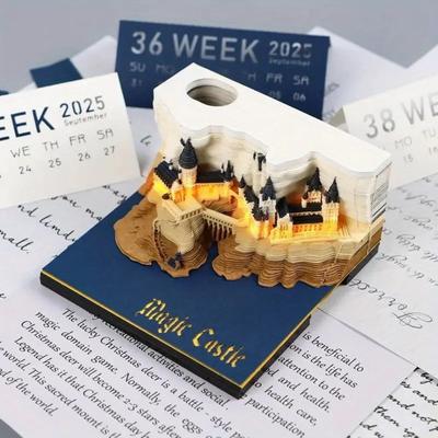 Mystický 3D stolní kalendář Pop-Up Castle Měsíční plánovač 2025 Roční organizér Sticky Note To Do List Office Home Dekorace
