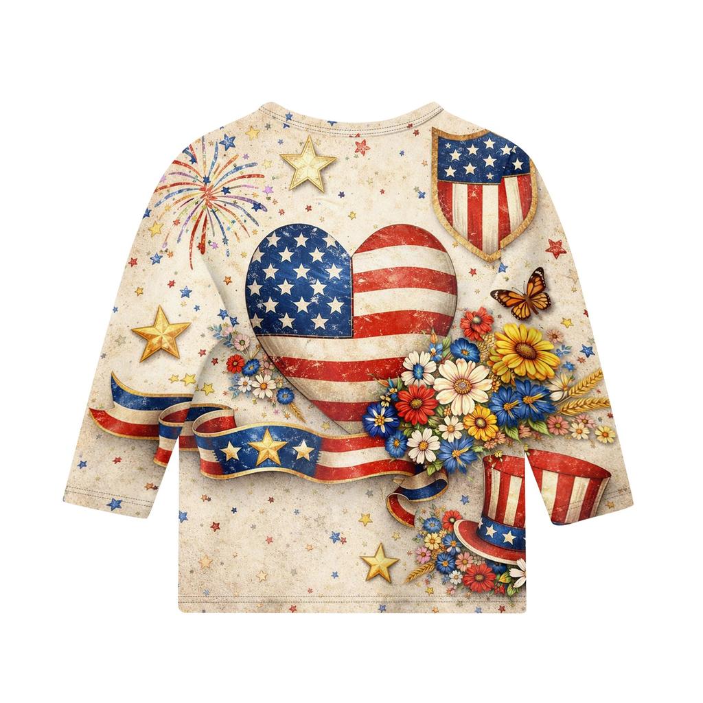 Children's Independence Day Printed Round Neck Seven Quarter Sleeve Casual T-shirt