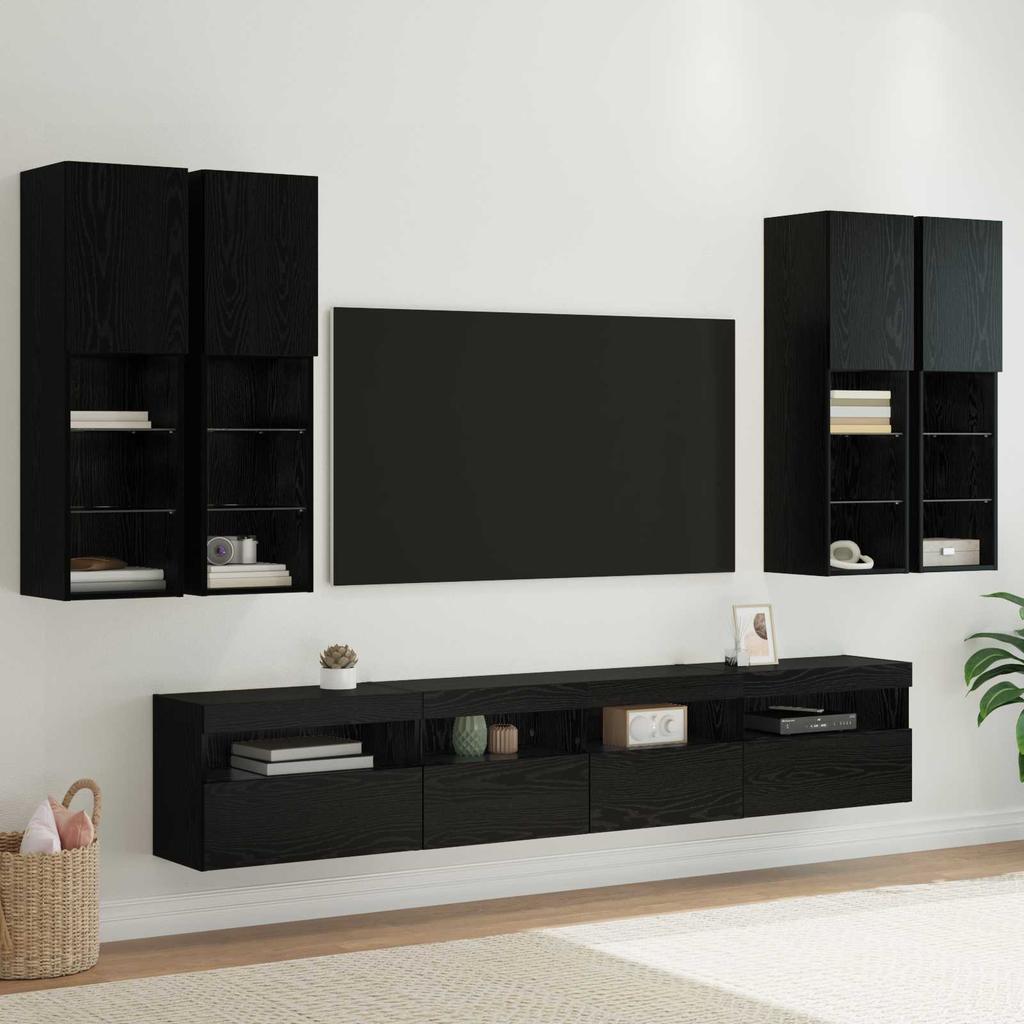 TV Wall Cabinet Set with LED Lights 7 Pcs Black Oak Effect