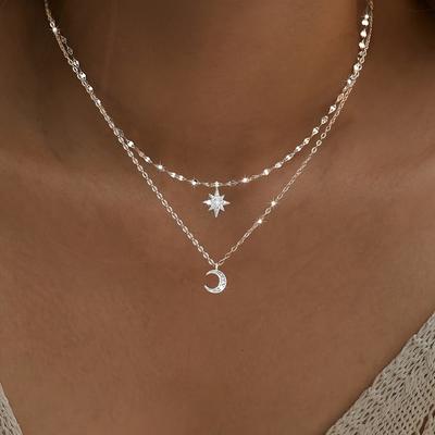 Star Moon Silvery Double Layer Necklace Multi-Layer Fashion Collarbone Chain Set Women's Jewelry Gift Perfect Accessory for Ramadan, Gift for Eld