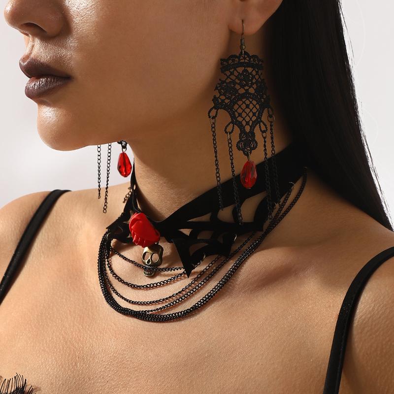 Lace Spider Web Design Necklace Earrings Set Retro Gothic Style Black Lace Choker Necklace Halloween Jewelry