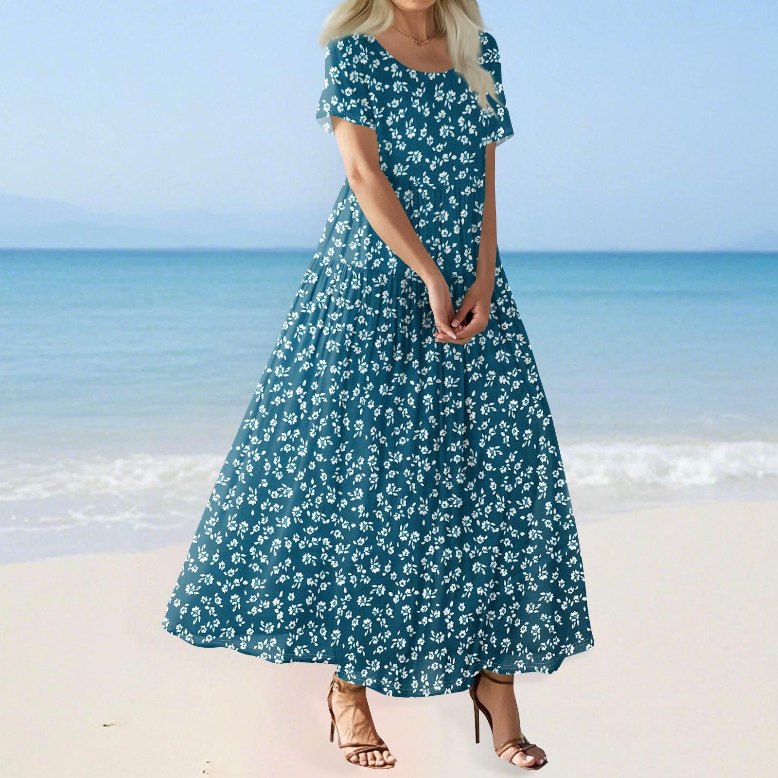 

Женское летнее повседневное платье макси с цветочным принтом, короткими рукавами, круглым вырезом, высокой талией, многослойным струящимся бохо-платьем S синий