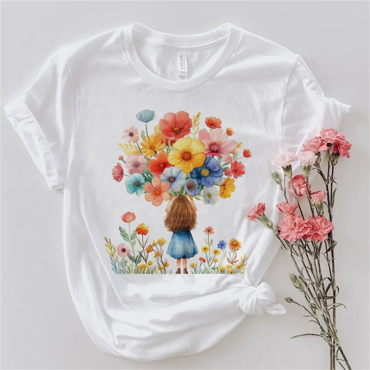 Cute Flower Girl Printed T-Shirt Cartoon Pattern Printed White Women s T-Shirt Versatile Women s Street Leisure Fun T-Shirt XXXXXL белый