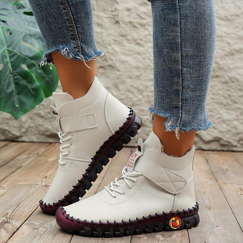 2025 Casual Women Plush Shoes Platform Loafers Lace Up Leather Flats Slip-On Mom Shoe Soft Soled Flat Shoes